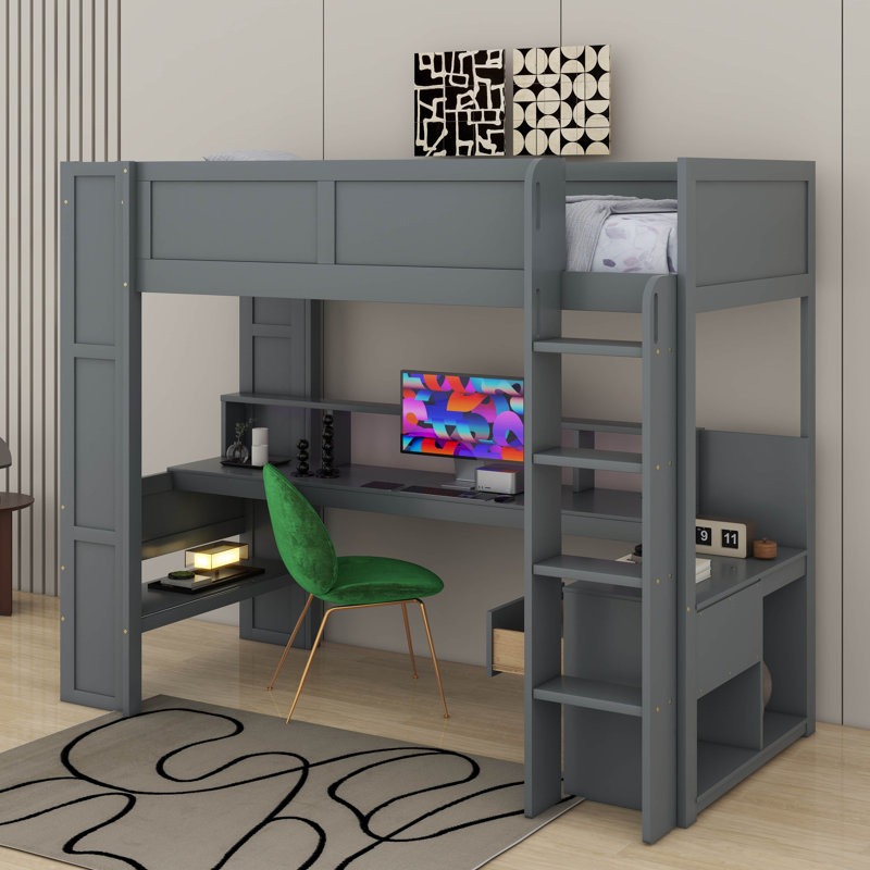 Gaming Loft Bed With Desk, Multi-Storage Shelves, LED And Charging Station, Twin
