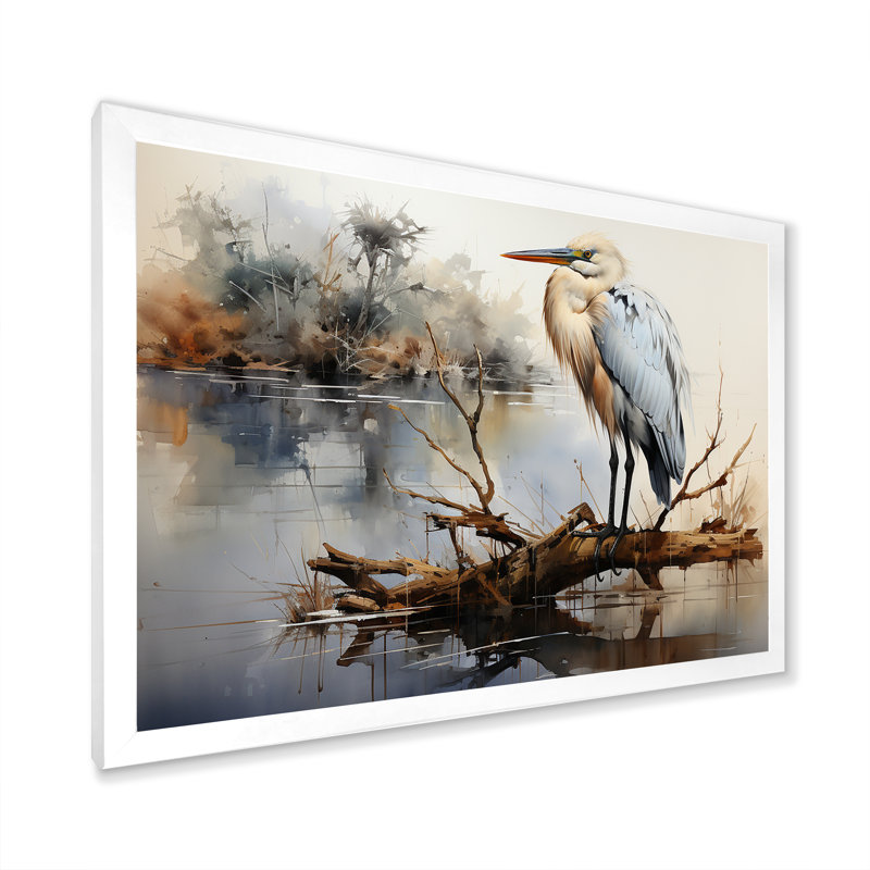 Héron au lac Horizon - héron, art mural, H 16 po x l 32 po x P 1 po, Cadre blanc