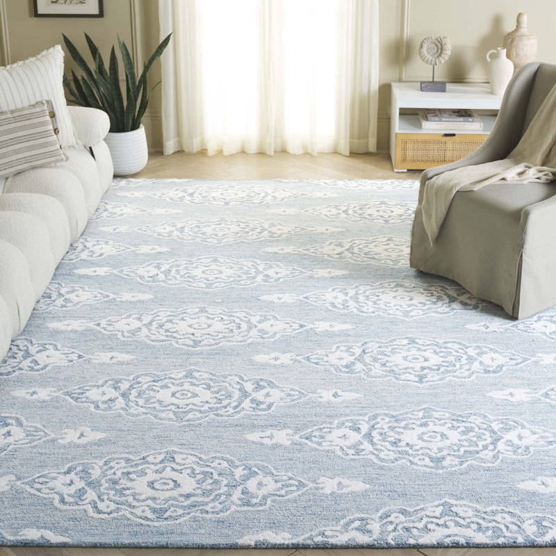 Ebony Hand Tufted Wool/Cotton Southwestern Rug in Ivory/Light Blue, Rectangle 8' x 10'