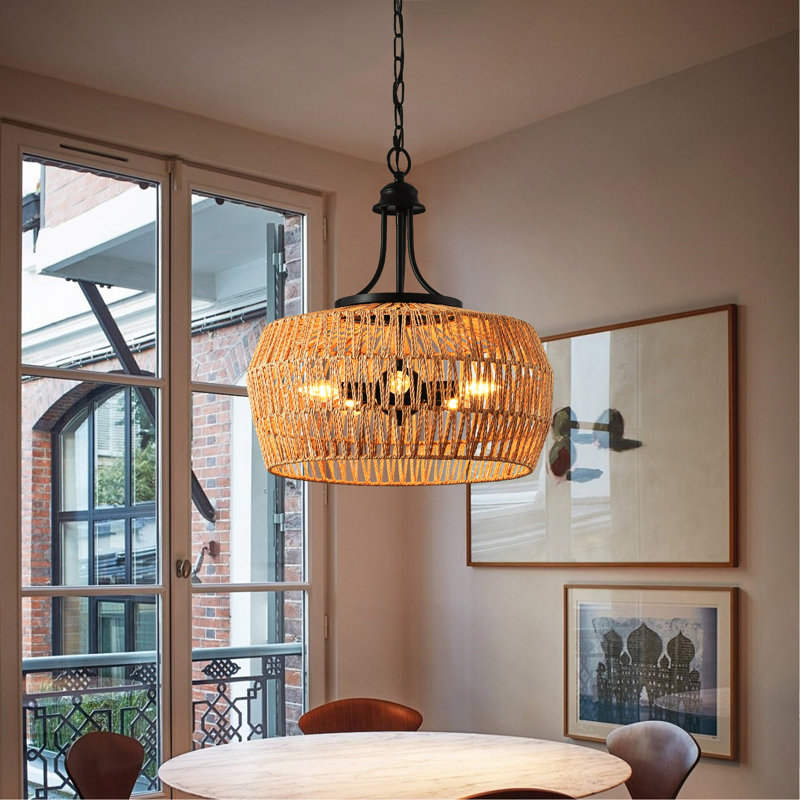 Boho Natural Hemp Rope Pendant Light, Hand-Woven Jute Hanging Lamp with Adjustable Chain (Bulb Not Included)