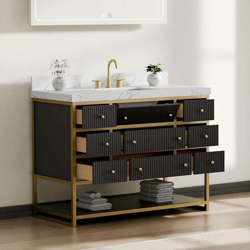 Ensemble de meuble-lavabo simple autoportant en chêne massif 48 po avec éclairage DEL Celestia, avec tiroirs cannelés et comptoir en pierre noir avec cadre doré