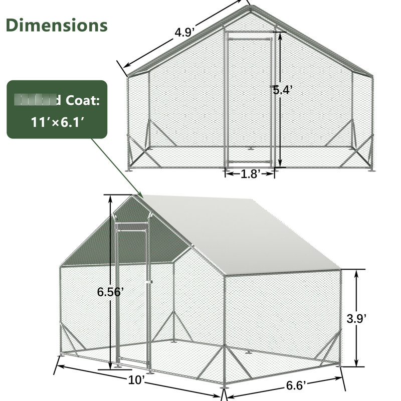 Poulailler en métal - grillage galvanisé avec couvercle imperméable et pour lapins, poules en cage de 10 pi x l 6,6 pi x H 6,56 pi