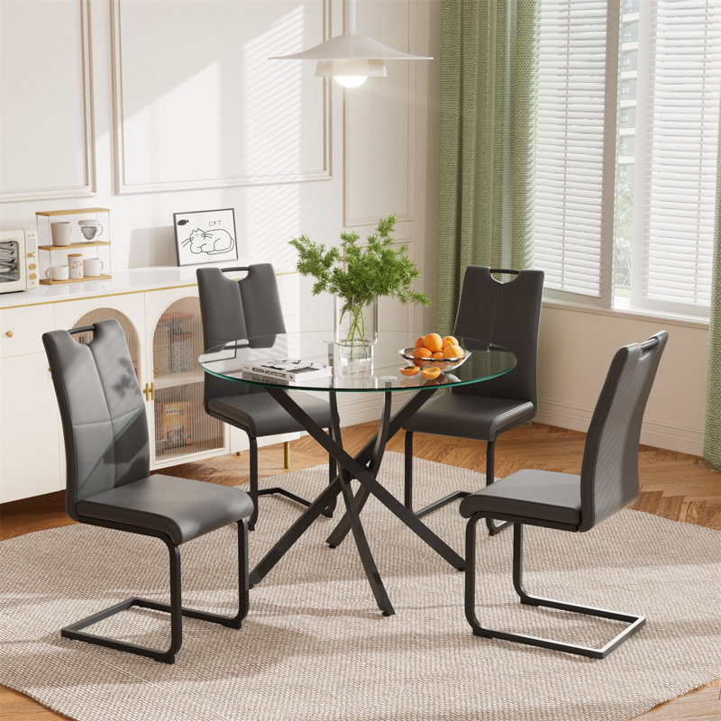 Round Glass Top Dining Table for 4-6, Heavy-Duty Metal Base with Adjustable Non-Slip Floor Protectors - Modern Kitchen Table for Dining Room, Apartment, Home, Condo