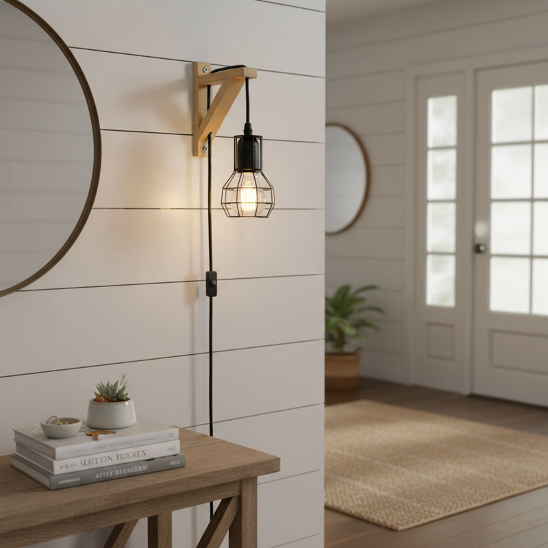 Kasimira Solid Wood Plug-in Armed Wall Sconce for Bedside Reading, Compact Small-Space Accent Wall Light with Adjustable Arm for Bedroom, Hallway, Entryway
