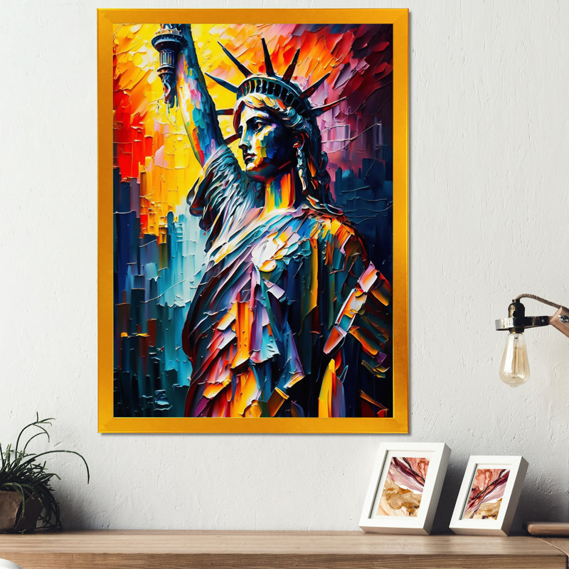 Statue colorée de la liberté II - art mural ville, Encadrement doré, H 40 po x l 30 po x P 1,5 po