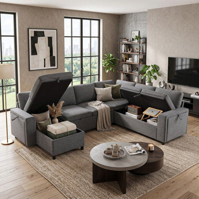 Canapé-lit modulaire convertible 7 places en chenille avec porte-gobelets, canapé-lit moderne en U avec rangement caché pour le salon