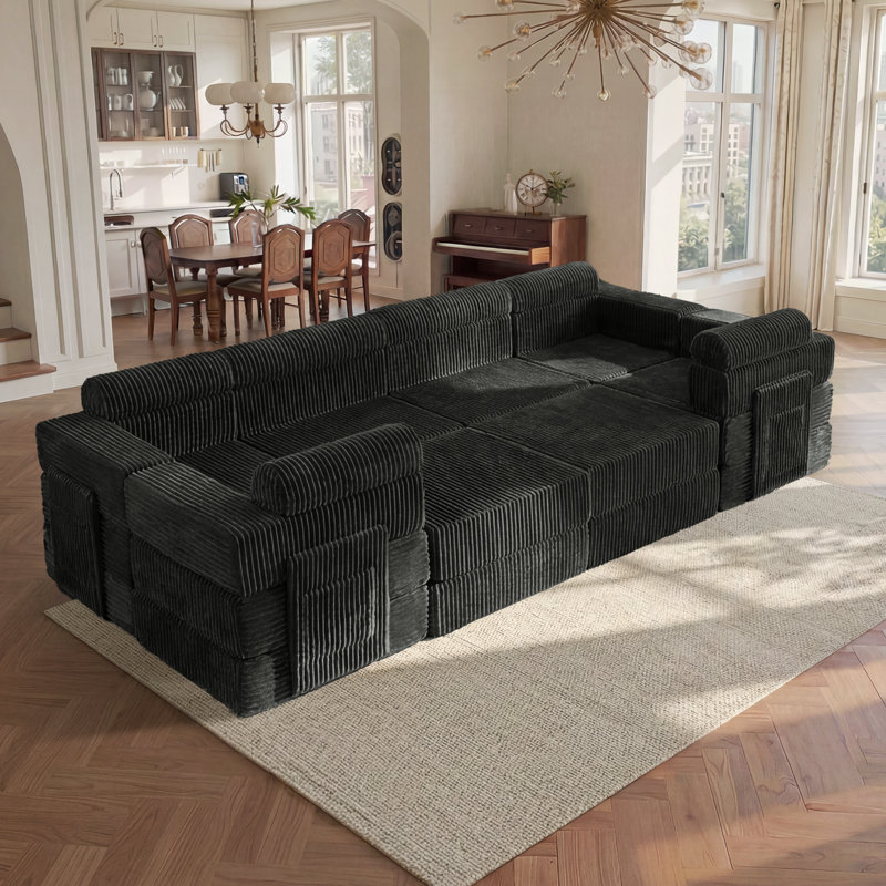 Sisler 8 Piece  141.6" Oversized  U Shape Upholstered  Corduroy Convertible Modular Compression Sofa with Storage Pockets, No Assembly Required