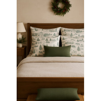 Green Christmas Toile Linen Euro Pillow 26x26 with Down Insert