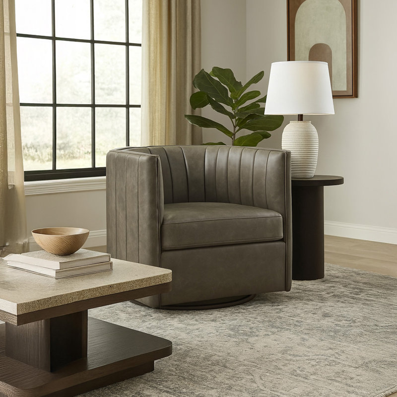 Fauteuil demi-tonneau pivotant de 31,1 po Murtaugh, Similicuir brun foncé