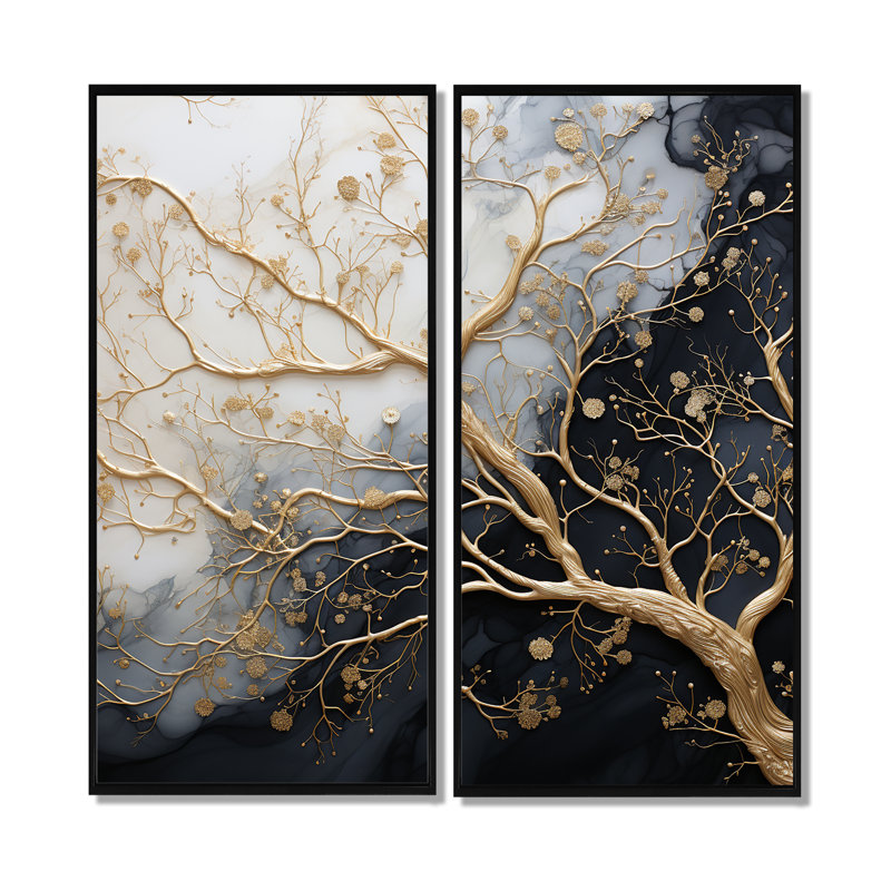 Golden Branch Tree Luminous Tangle III - Floral Tree, reproduction d'art monochrome sur toile, H 32 po x l 32 po, Noir