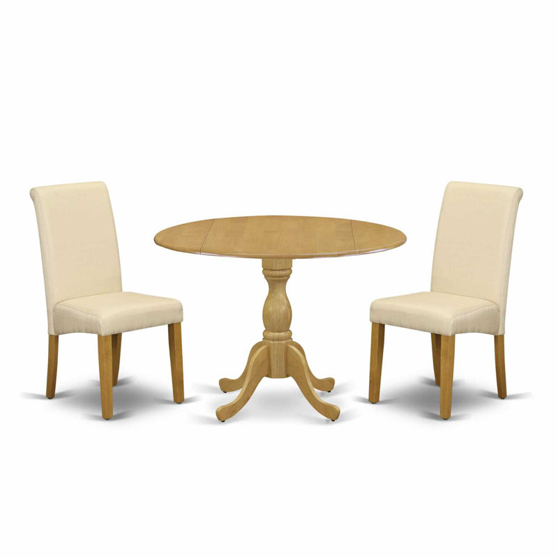 L'ensemble de table de salle à manger 3 pièces contient une table de cuisine ronde avec Dropleaf et 2 chaises de salle à manger Parson en tissu beige clair, chêne