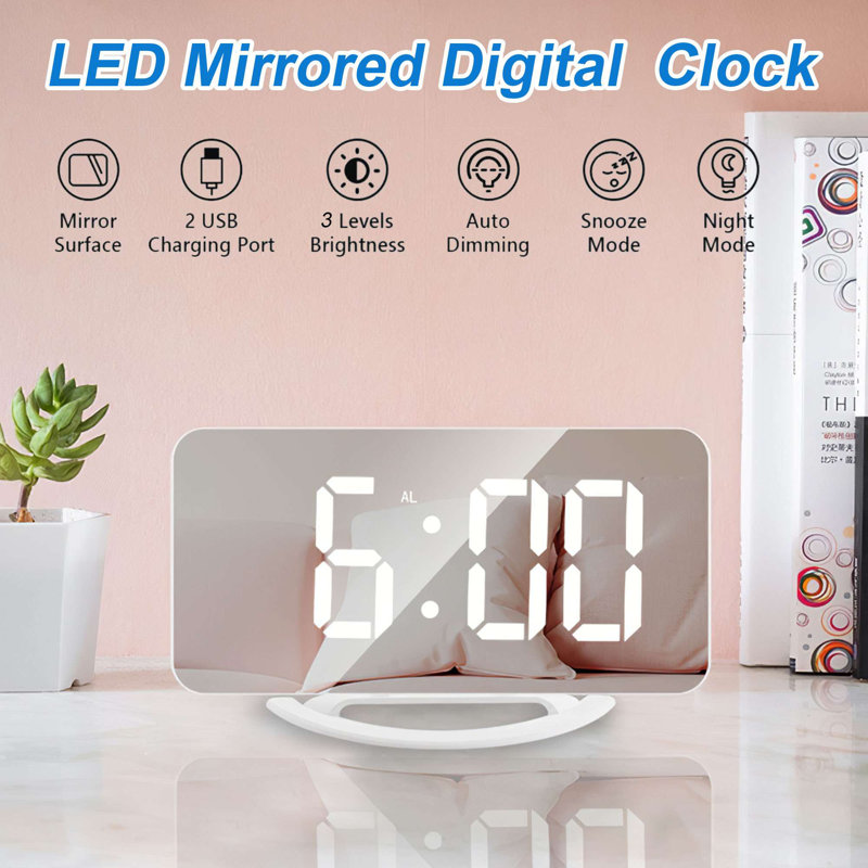 Slim LED Digital Alarm Clock, Mirror Surface for Makeup, with Diming, Large Display, USB Ports, White