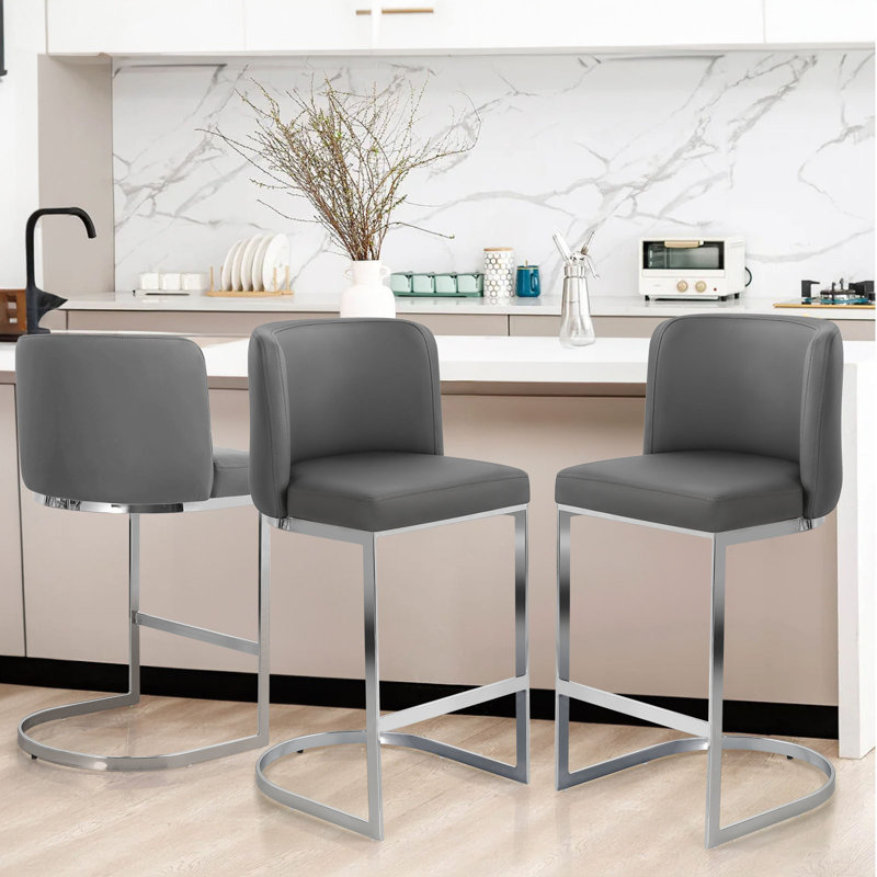 Bittencourt 26'' Upholstered Counter Stool, Faux Leather-Gray, 1