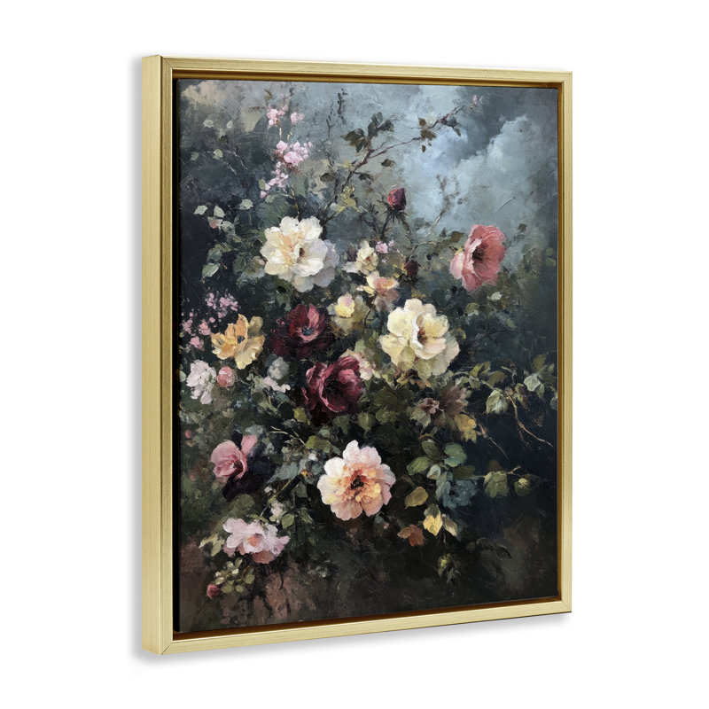  «Moody Dark Bouquet Floater», art mural par Petal Prints Design, H 31 po x l 25 po, Cadre flottant métallique doré