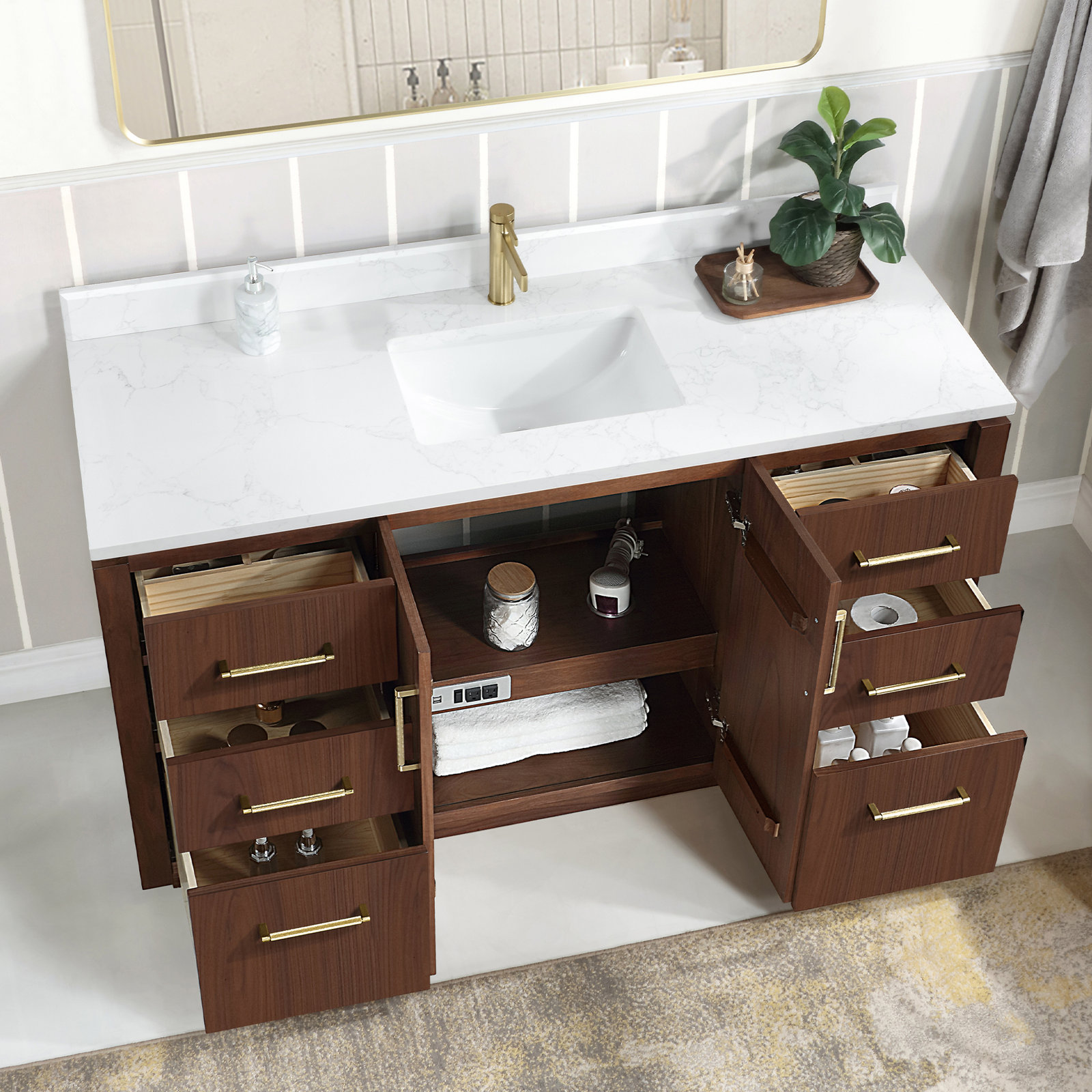 Cloverfield 60'' Single Bathroom Vanity, Natural Walnut, Gold