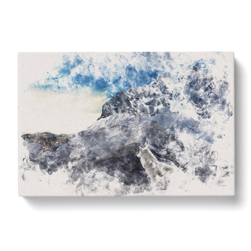 White Wolf with a Mountain Landscape Watercolour - Wrapped Canvas, 60cm H x 91cm W x 3cm D