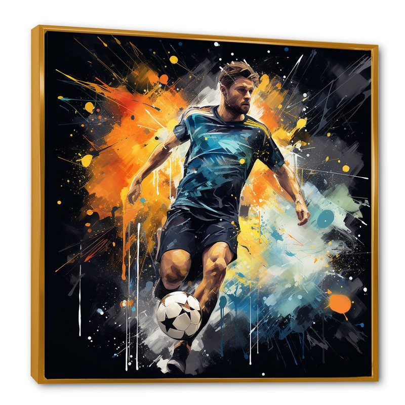 Joueur de football vert et jaune I - soccer, art mural, Cadre flottant doré, H 36 po x l 36 po
