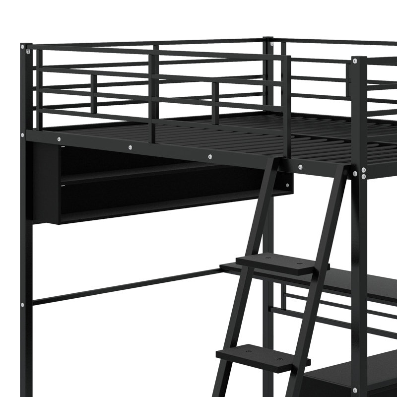 Metal Loft Bed With LED, Desk And Storage Shelves, Full