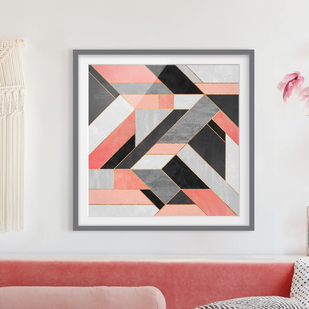 Gerahmtes Poster Geometry in Rosa/Gold