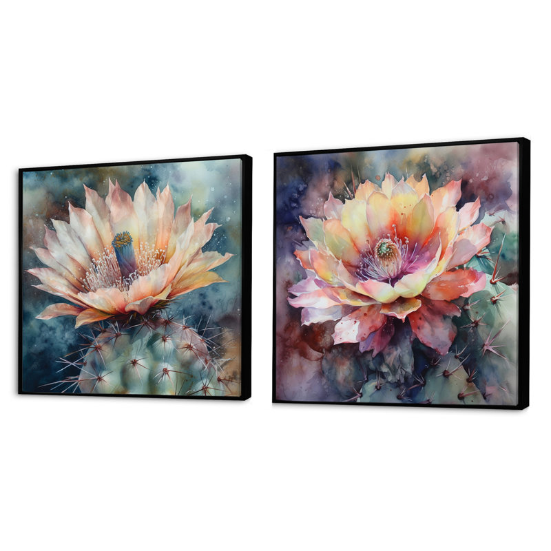 Cactus rose, vert, beauté, cactus floral, ensemble de 2 carrés, Cadre flottant noir, H 36 po x l 73 po