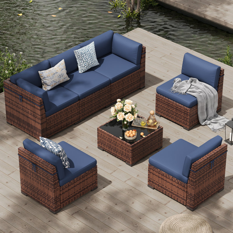 Cawanna 6 - Person Modular Patio Conversation Set with Cushions, Navy, No