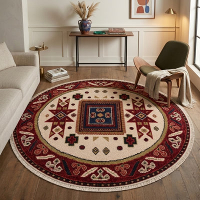 Tapis d'intérieur rond oriental en soie et laine crème bordeaux, noué à la main, couleur crème, tapis d'intérieur en soie et laine fait à la main.