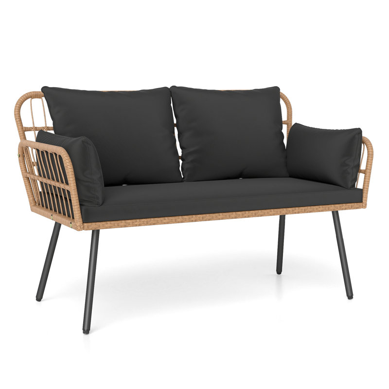 Patio Wicker Loveseat Furniture with Seat Back Cushions, Heavy-Duty Metal Legs Black, Black