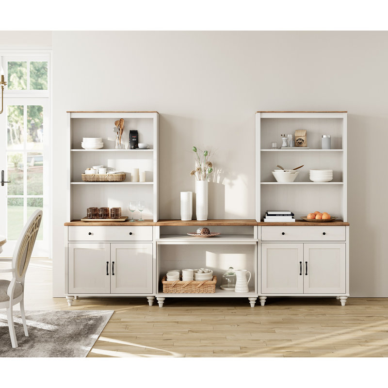 Buffet avec bahut, grain de bois rétro, armoire avec armoires et tablettes ouvertes, 105 po, Chêne / Blanc