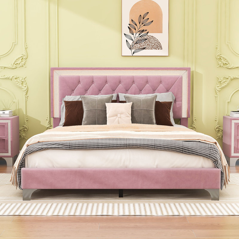 Lit en velours avec lumières DEL et tête de lit capitonnée, Grand lit, Rose