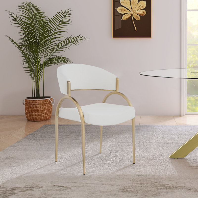 17.72'' H Upholstered Metal Armchair, Cream Linen Textured Fabric, Brushed Brass