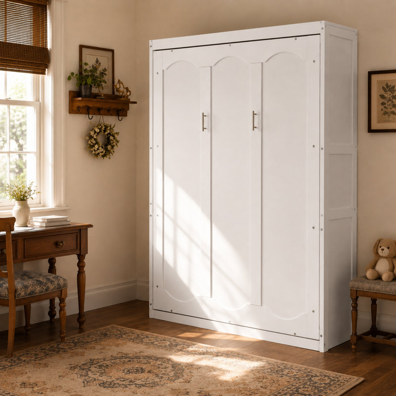 Armoire-lit escamotable à paroi double ultra-mince avec système de levage à deux pistons, unité de rangement intégrée et base à lattes flexibles Mabe