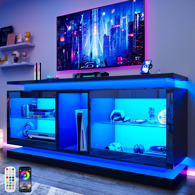 Modern Entertainment Centers With Led Lights, High Gloss Tv Cabinet W/Power Outlet, Storage Open Shelves, Black