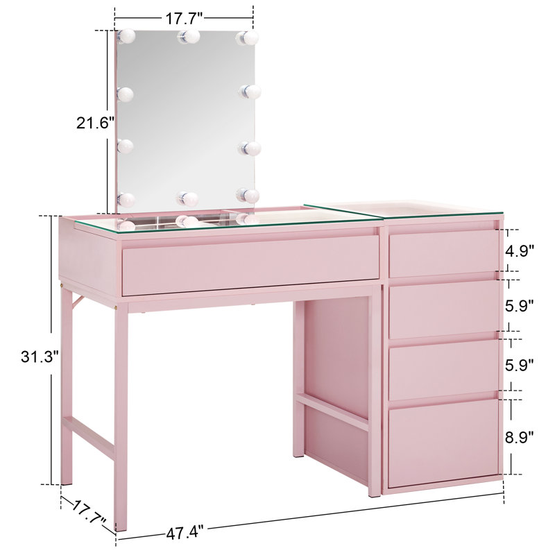 Glass Top Pink Makeup Vanity Desk with Lighted Mirror and Jewelry Storage, Dressing Table