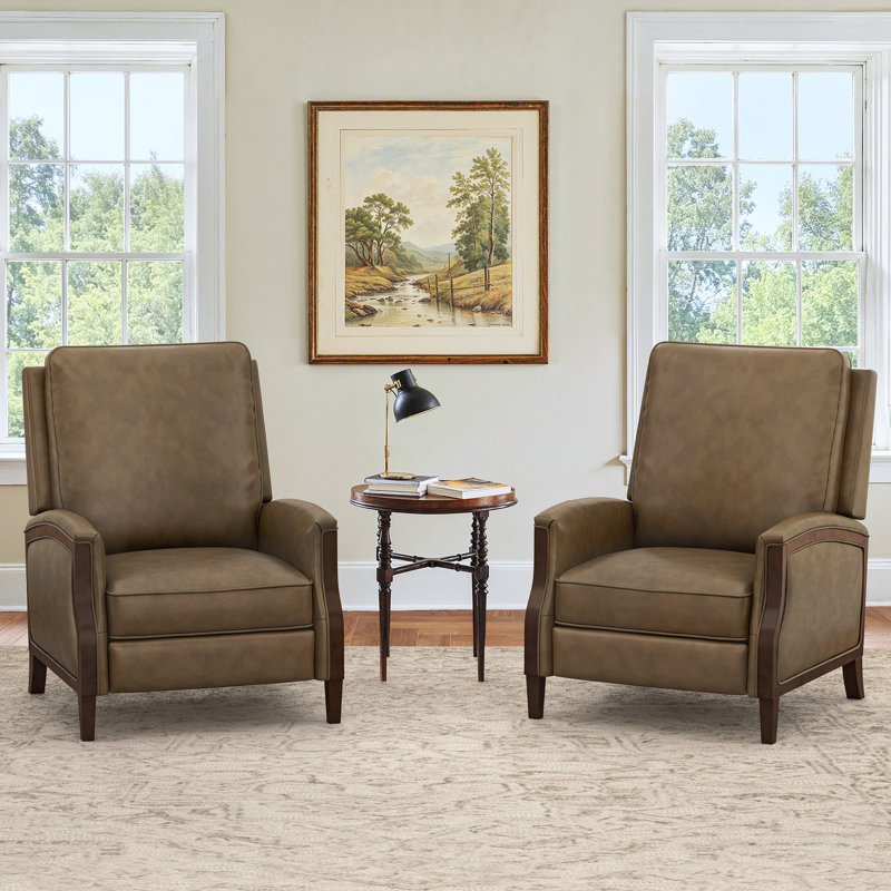 Fauteuil inclinable manuel en cuir véritable de 32,3 po de largeur avec main courante en bois massif Liauro (ensemble de 2)