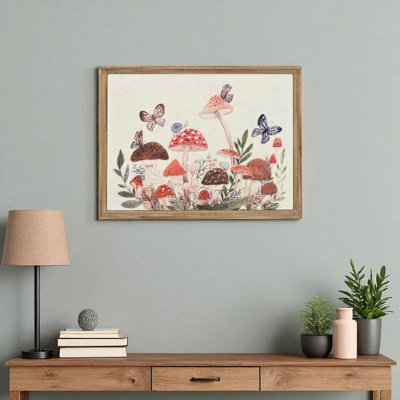 Art encadré en métal 20 po x 26 po avec papillons et champignons naturels et blancs