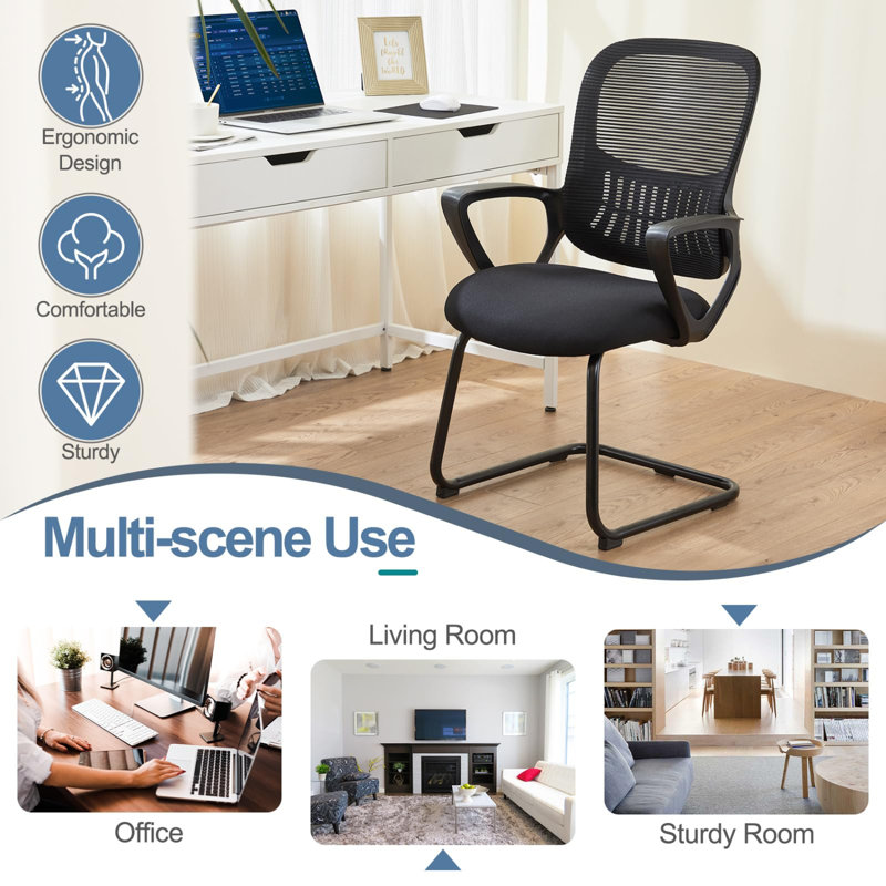 Home Office Desk Chair No Wheels Set Of 4, Ergonomic Executive Sled Base Mesh Computer Chairs With Comfy Arms And Lumbar Support For Home Bedroom Waiting Reception Guest