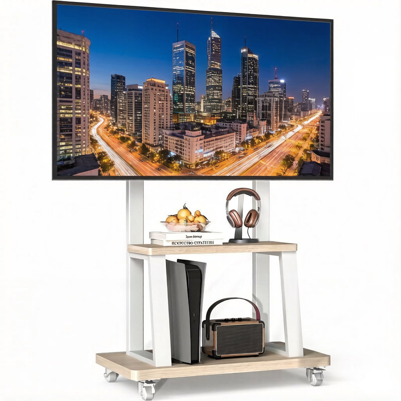 Meuble télé portatif sur roulettes pour téléviseur de 32 à 75 pouces avec tablette en bois