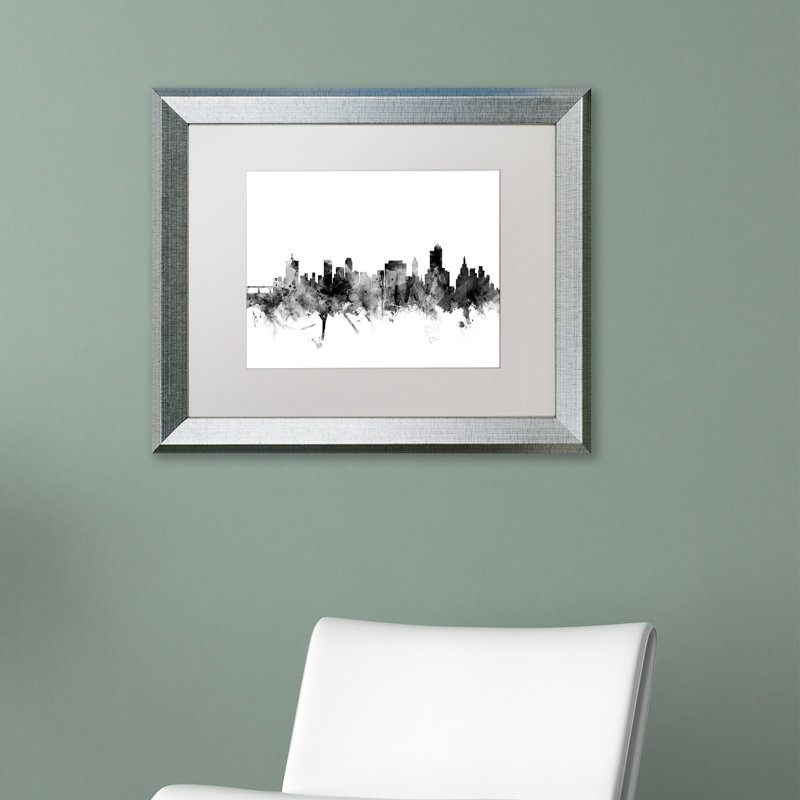 «Tulsa Oklahoma Skyline BW», impression encadrée, L 14 po x H 11 po, Noir mat, Brun