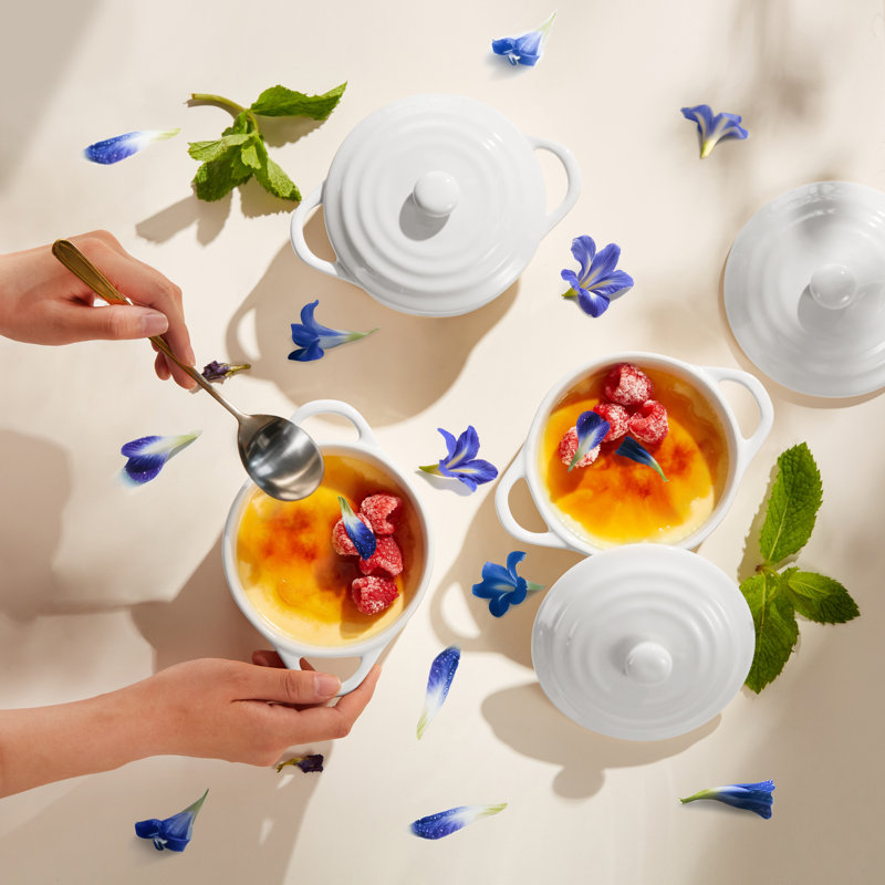 Kook Oval Ceramic 4 Piece Crème Brulee Dish Bakeware Set, White