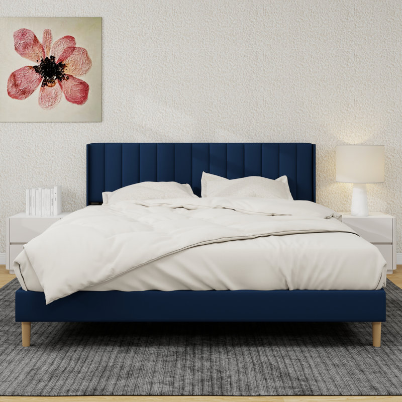 Upholstered Platform Bed Frame, Blue, King