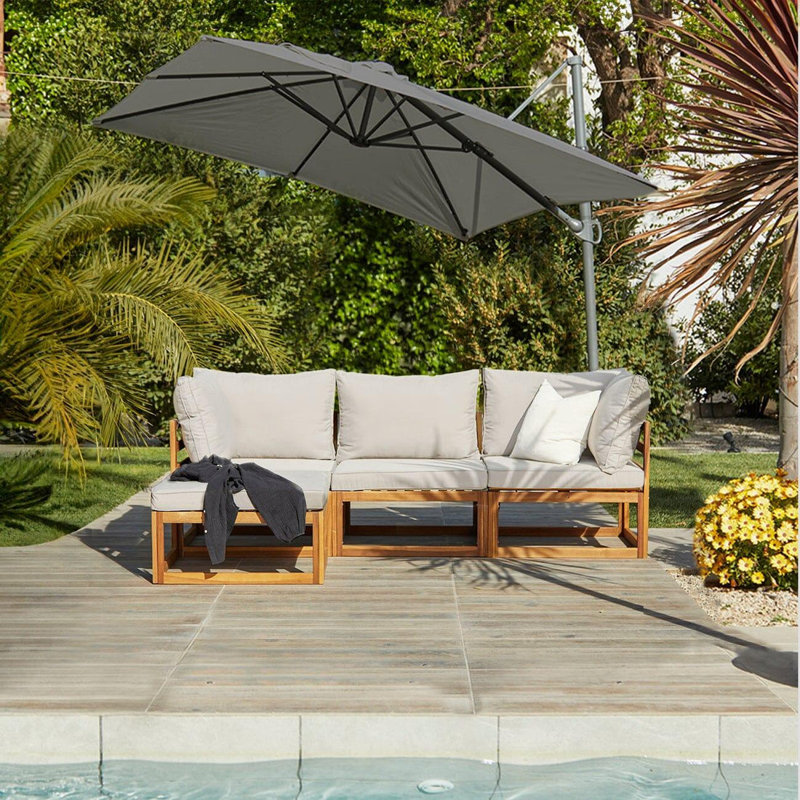 Rimasha 3 Seater Wooden Garden Sofa Set with Footstool & Lean Over Parasol , Natural/Grey