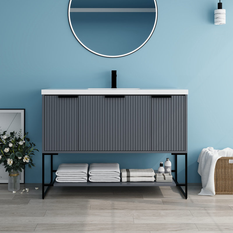 Meuble-lavabo sur pied simple 47,2 po avec plateau en résine, Gris, Noir mat