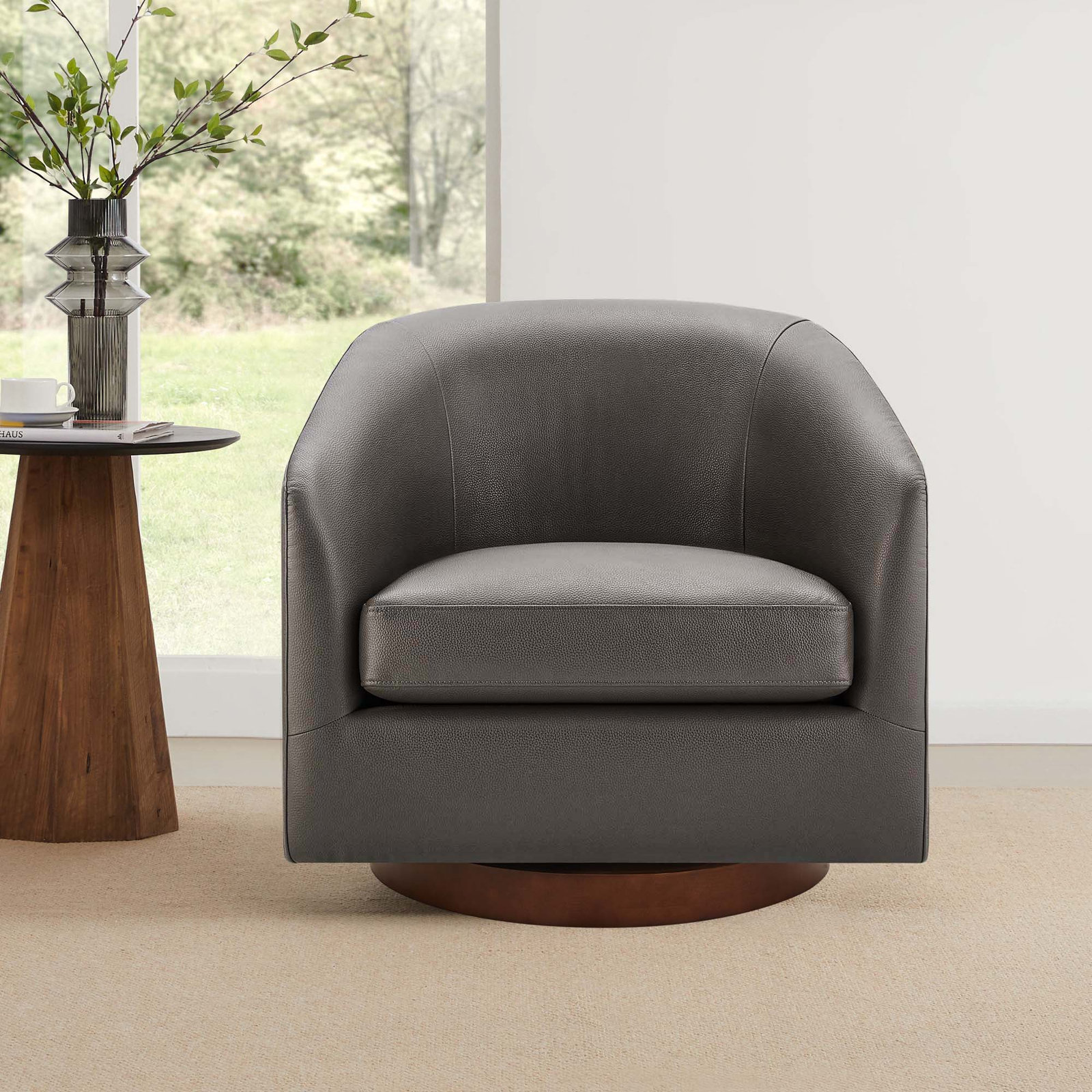 Bennett Vegan Leather Swivel Barrel Chair, Charming Charcoal Vegan Leather