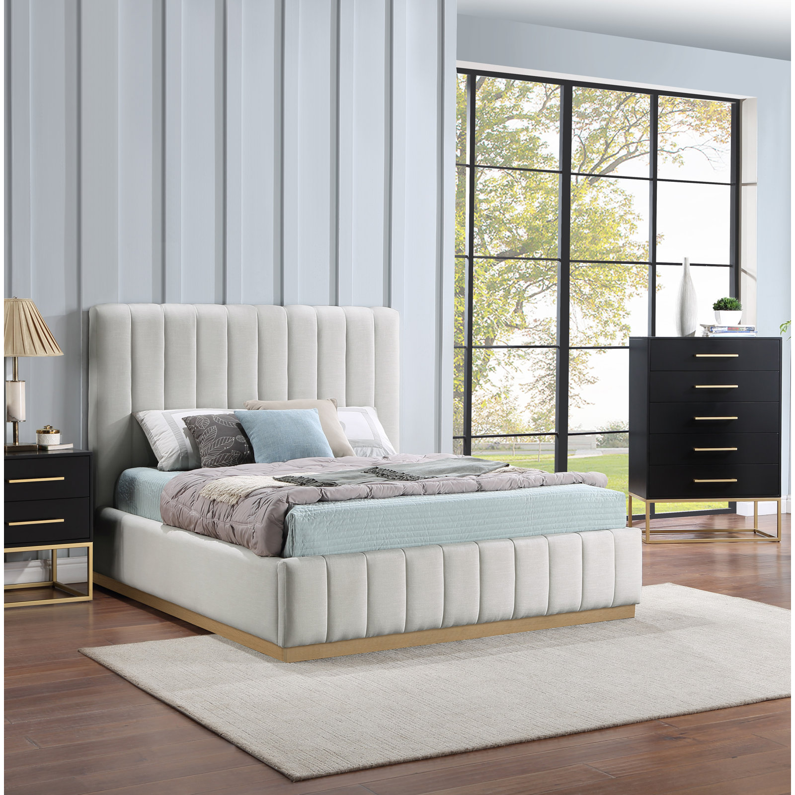 Codyn Tufted Bed, Queen, Cream Linen Textured Fabric