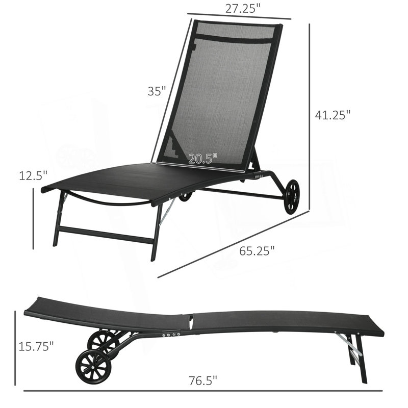 Outdoor Chaise Lounge, 2 Piece Lounge Chair With Wheels, Tanning Chair With 5 Adjustable Positions, Lounge Chair Outdoor