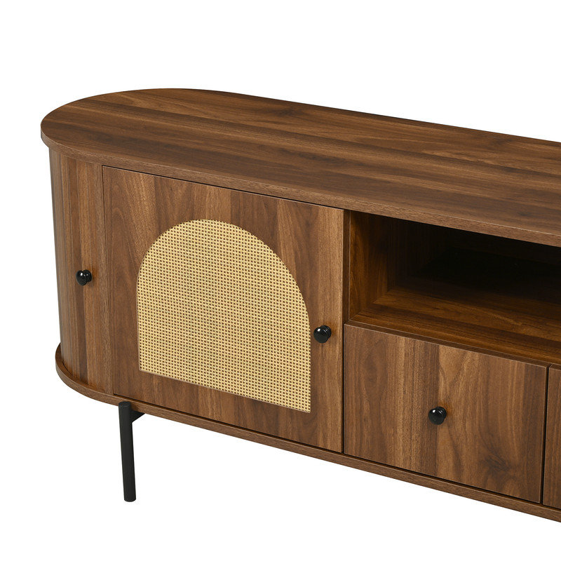 Meuble télé de style américain U-Can avec portes arquées en rotin, tiroirs, rangement dissimulé, pieds en acier, coins arrondis