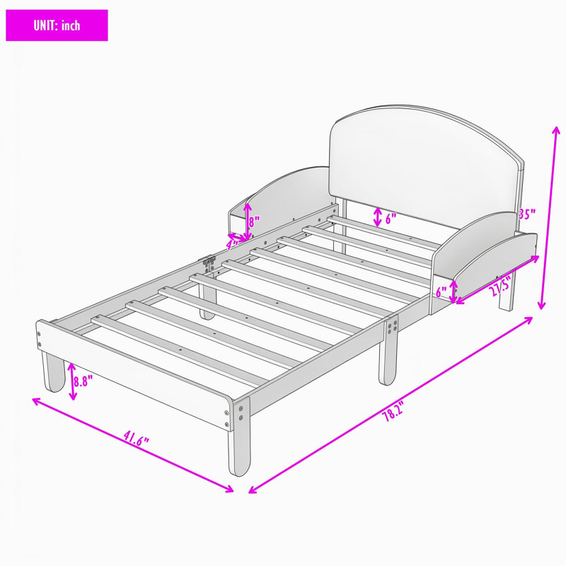 Lit plateforme en bois avec tête de lit tapissier courbée et tablettes de rangement latérales, Lit simple, Noyer clair