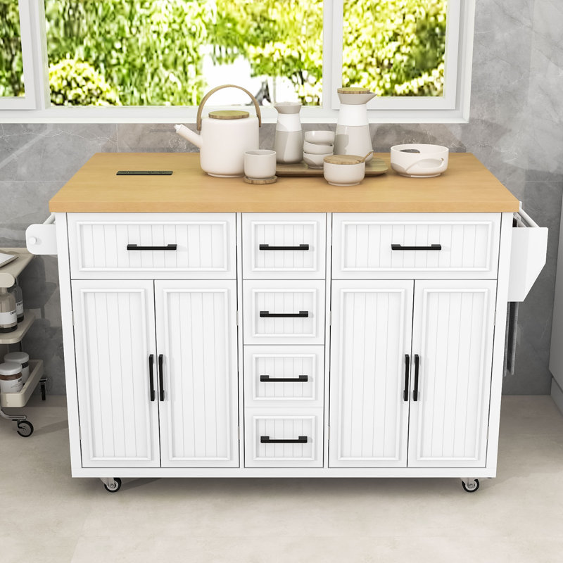 Îlot de cuisine en bois avec tiroirs de rangement, tablettes, station de charge et abattant, Blanc
