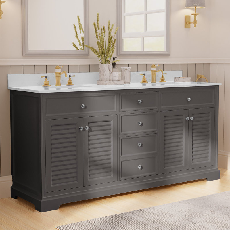 Meuble-lavabo double 72 po avec lavabo en marbre et portes à volets en céramique, Gris foncé
