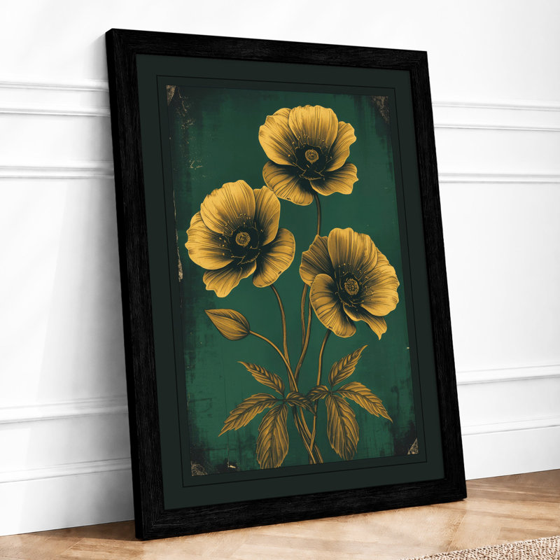 Golden Blooms Study Botanical - Framed Print, A2 - 59.4 x 42.0 cm, Black